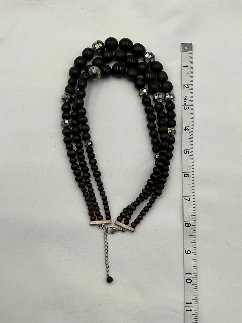 Multi Strand Dark Brown Wood-look Beaded Necklace with Silver Accents